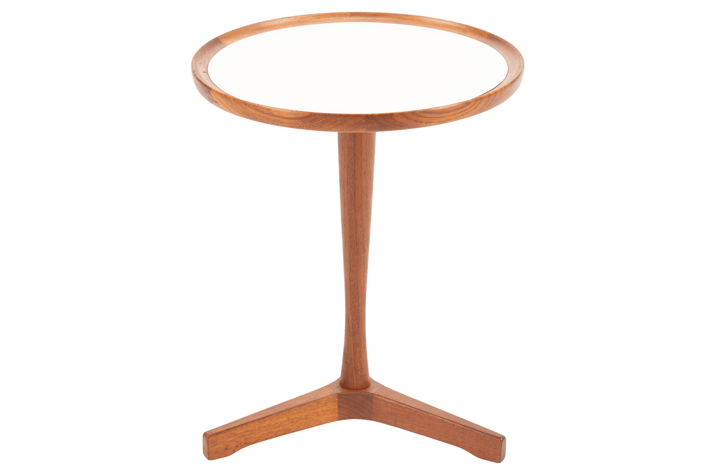 Hans Andersen Teak Tripod Side Table featuring a round white tabletop with a warm teak rim and a distinctive tripod base, embodying sleek mid century modern furniture design.