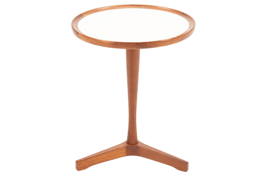 Hans Andersen Teak Tripod Side Table featuring a round white tabletop with a warm teak rim and a distinctive tripod base, embodying sleek mid century modern furniture design.