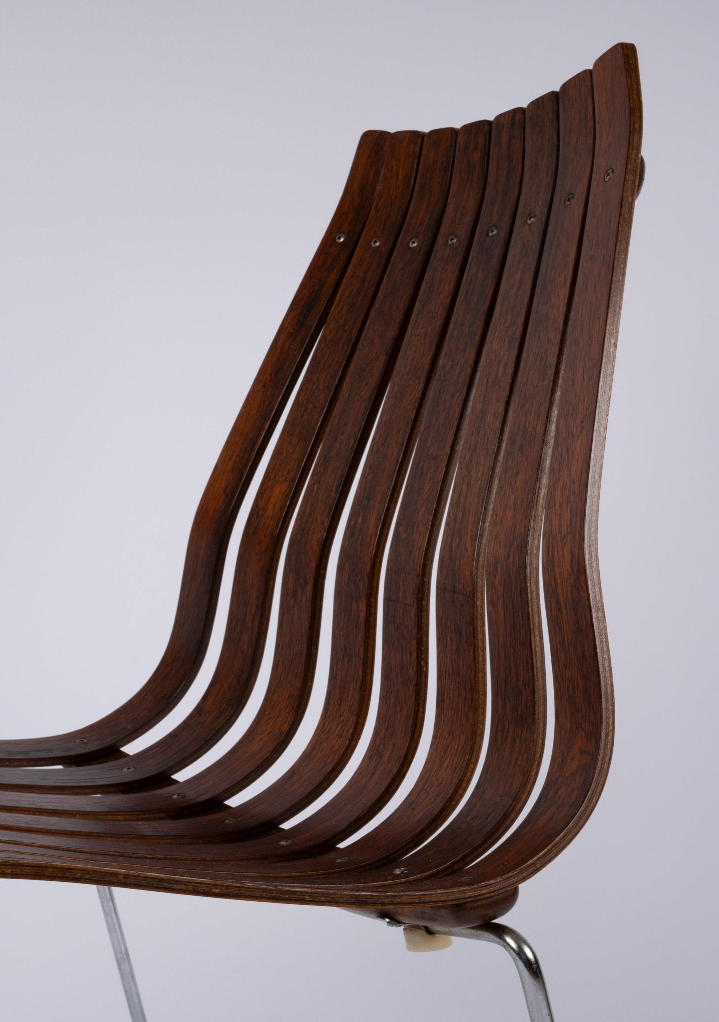 High back rosewood slatted dining chair by Hans Brattrud for Hove Mobler, curved laminated design on chrome frame, 1960s