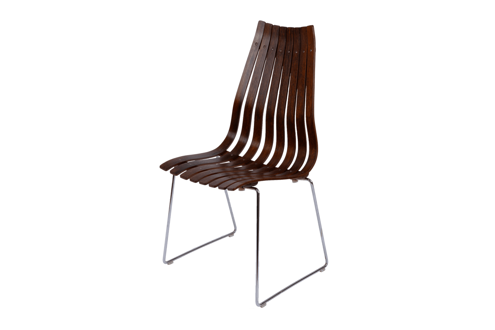 Hans Brattrud Mobler dining chair from 1960s Norway with curved laminated rosewood slats and chrome frame