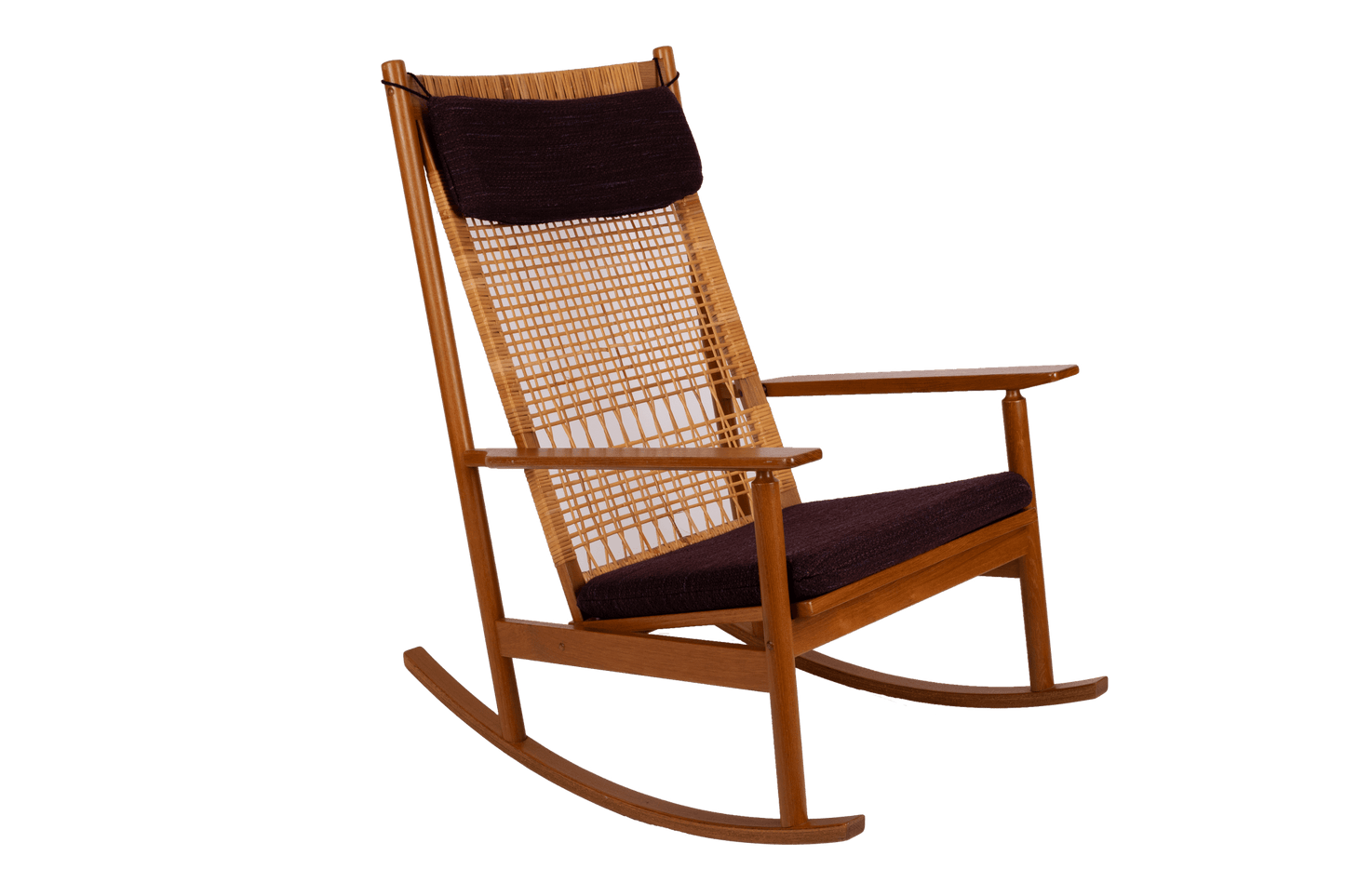Mid-century Hans Olsen teak rocking chair with new cane back and dark upholstered cushions from 1960s Denmark.