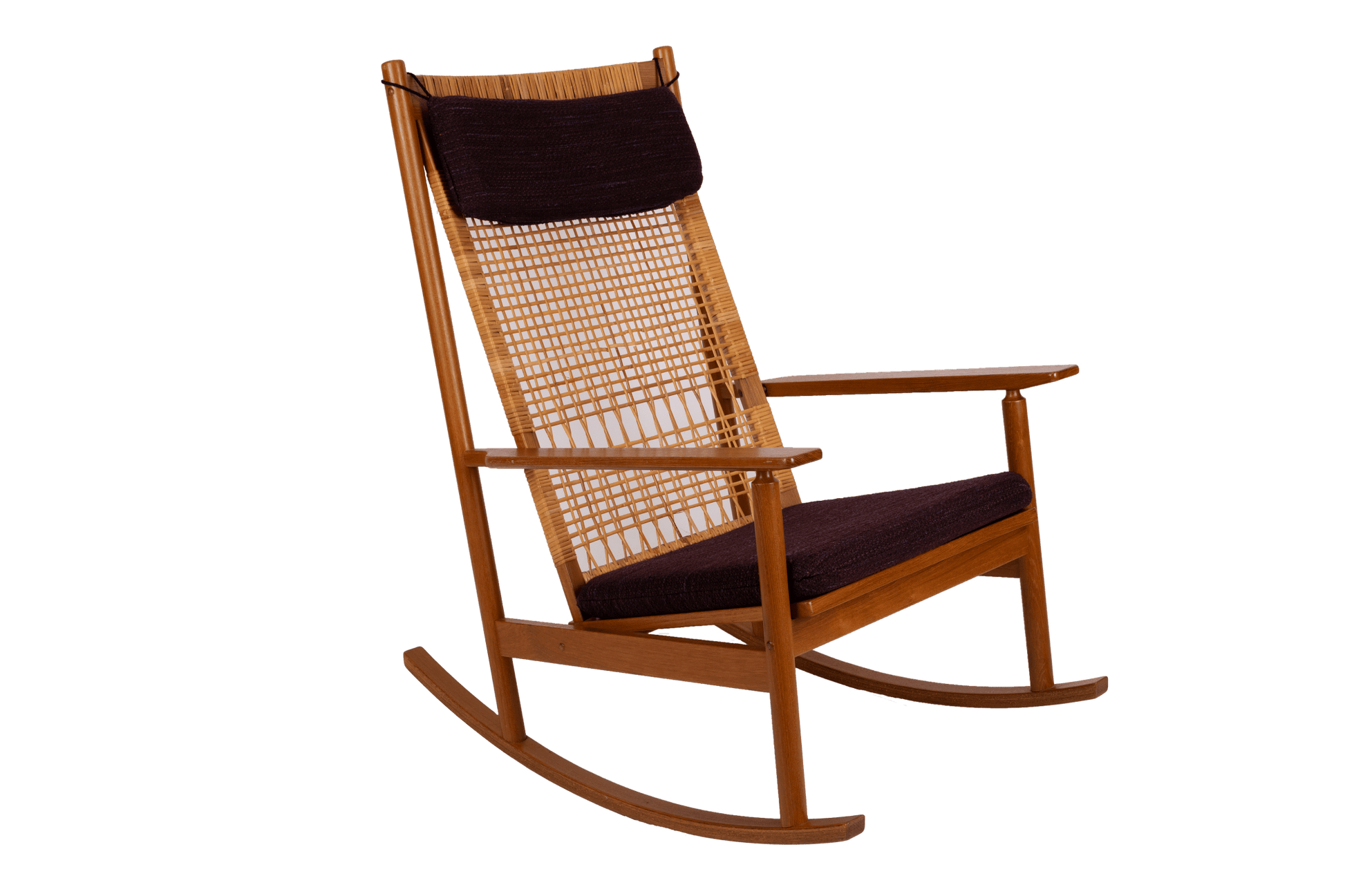 Mid-century Hans Olsen teak rocking chair with new cane back and dark upholstered cushions from 1960s Denmark.