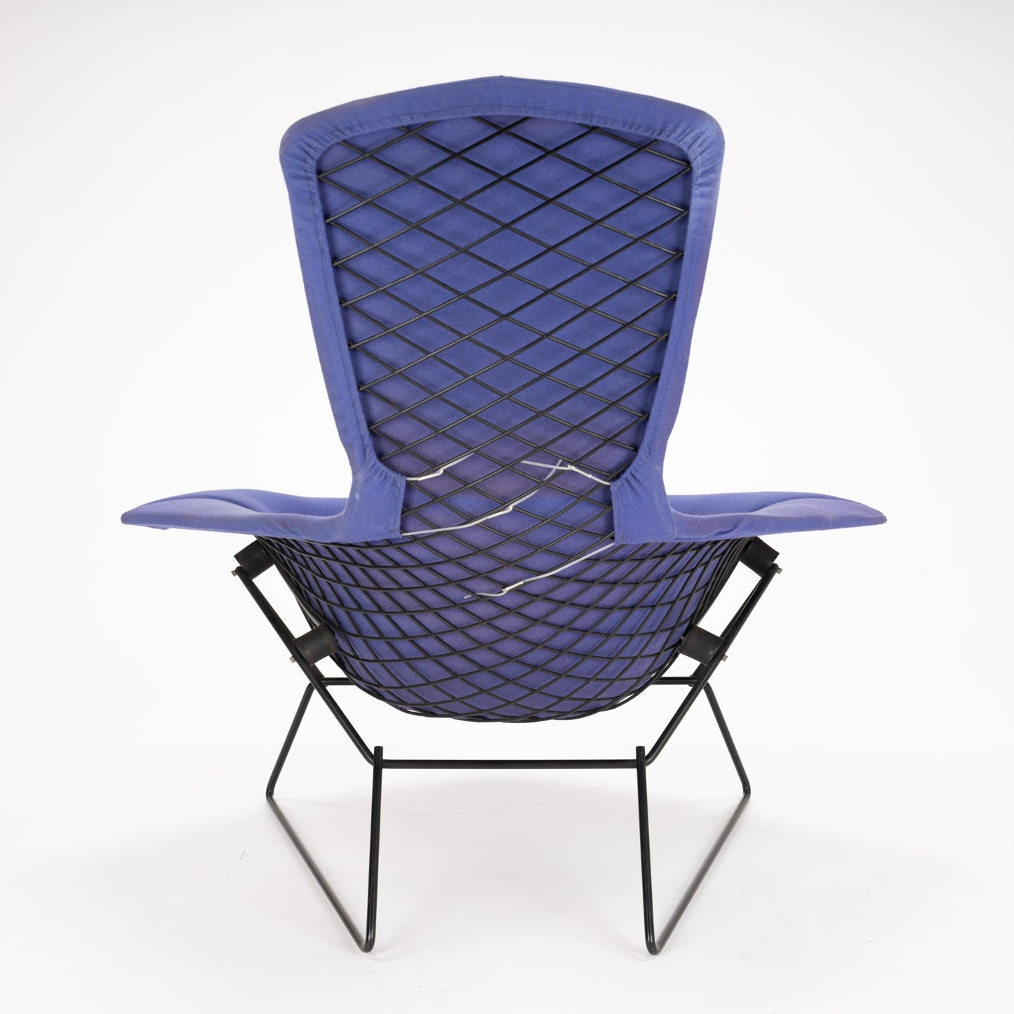 Back view of a chair with lattice black wireframe and blue cushion covering seat and backrest