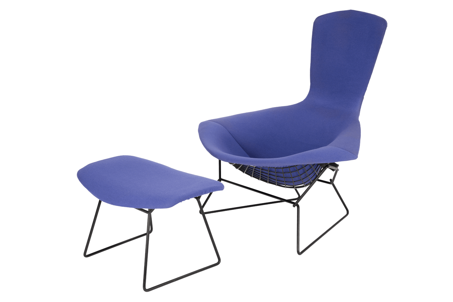 Modern lounge chair and matching ottoman with blue fabric upholstery and black metal wireframe base