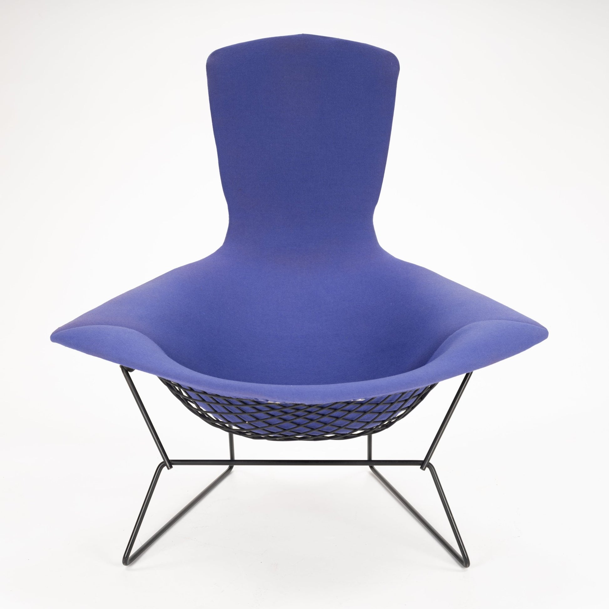 Wide modern lounge chair with deep blue fabric upholstery and black wireframe base and mesh seat support