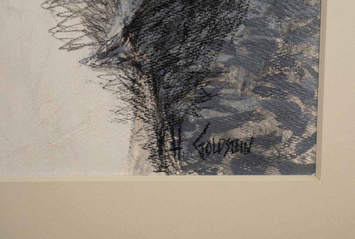 Detail of charcoal and collage artwork "Hunt of the Spirit People" by Howard Goldstein with visible signature and mat