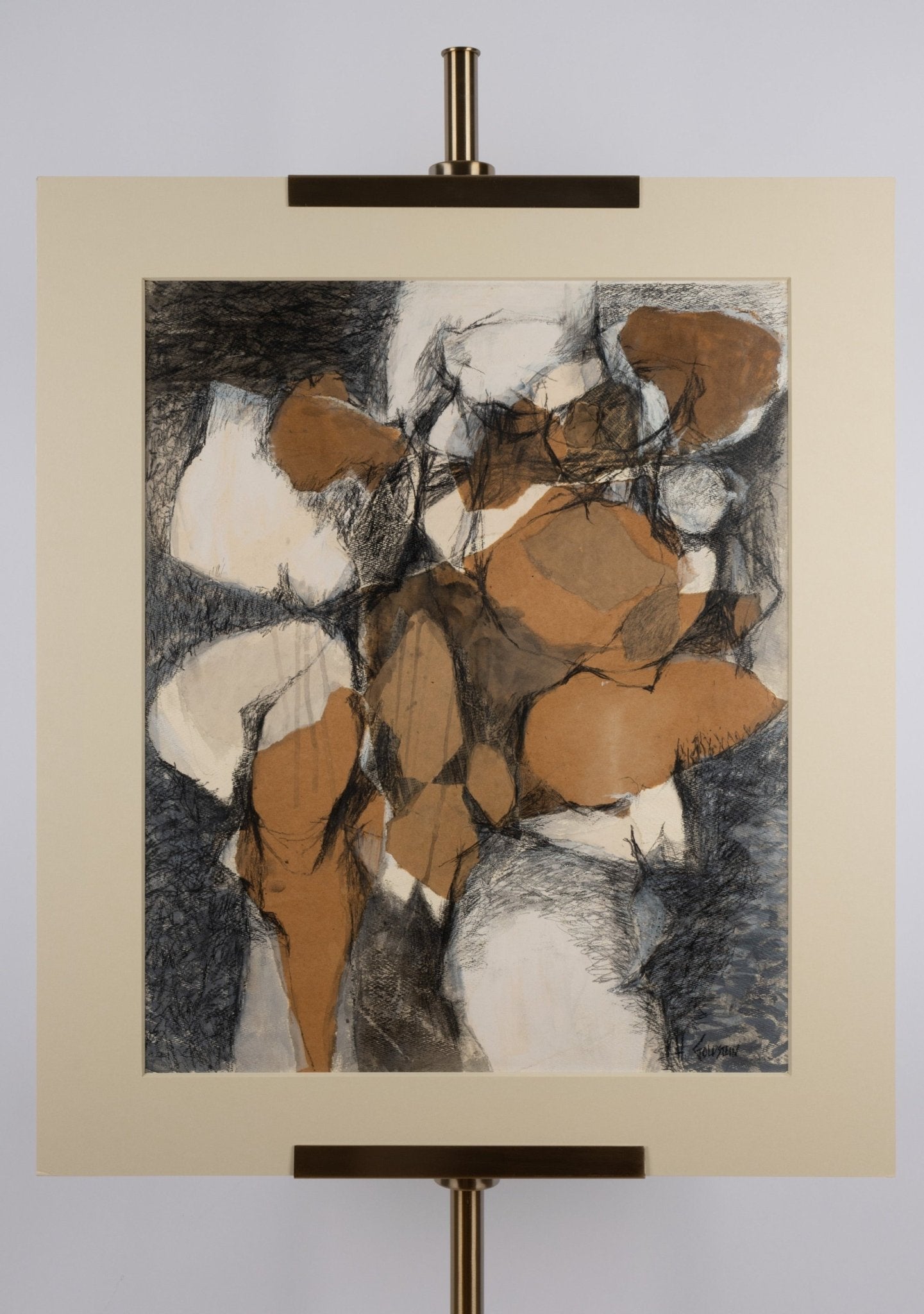 Abstract charcoal and collage artwork by Howard Goldstein titled "Hunt of the Spirit People" with 8-ply mat, signed 1962.