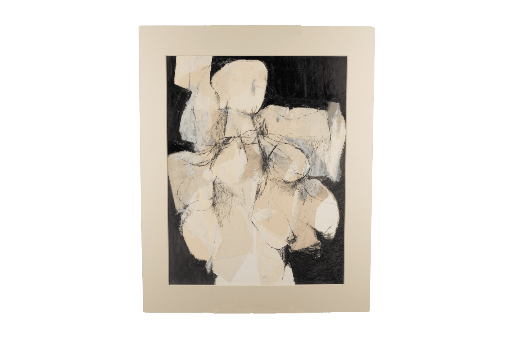 Abstract oil and collage artwork titled Winged Victory by Howard Goldstein with beige and black tones, signed and matted.