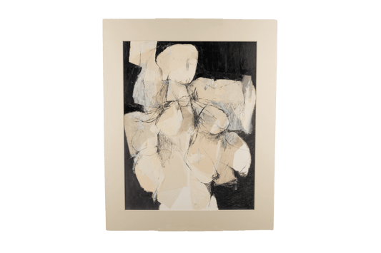 Abstract oil and collage artwork titled Winged Victory by Howard Goldstein with beige and black tones, signed and matted.