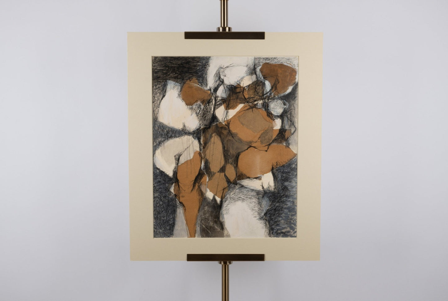 Abstract charcoal and collage artwork by Howard Goldstein titled "Hunt of the Spirit People" with 8-ply mat and neutral tones