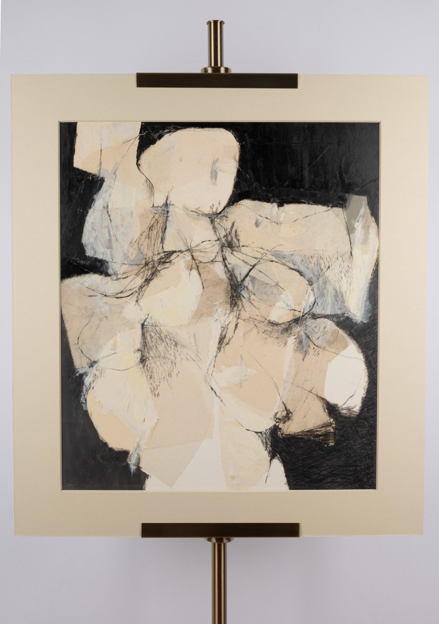 Abstract oil and collage artwork by Howard Goldstein titled Winged Victory, featuring layered beige and black tones