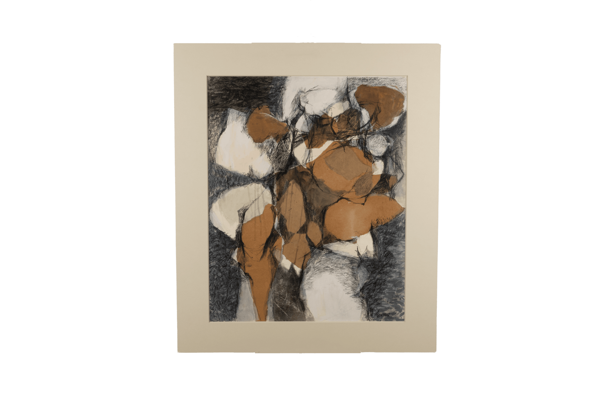 Abstract charcoal and collage artwork by Howard Goldstein titled "Hunt of the Spirit People" dated 1962 with 8 ply mat.