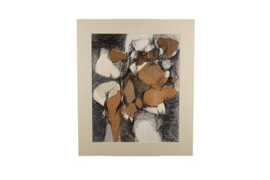 Abstract charcoal and collage artwork by Howard Goldstein titled "Hunt of the Spirit People" dated 1962 with 8 ply mat.