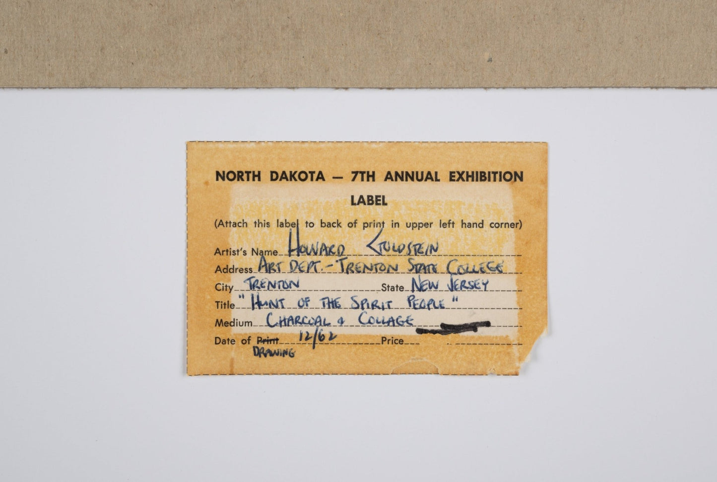 Handwritten exhibition label for Howard Goldstein charcoal and collage titled "Hunt of the Spirit People" dated 1962.