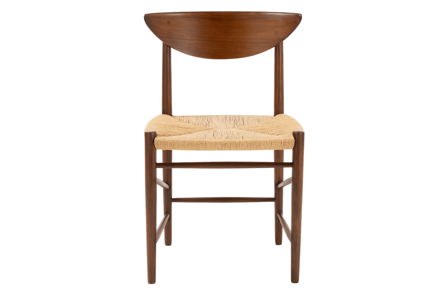 Front-facing view of Hvidt & Molgaard Model 316 chair with sculpted teak backrest and woven natural fiber seat