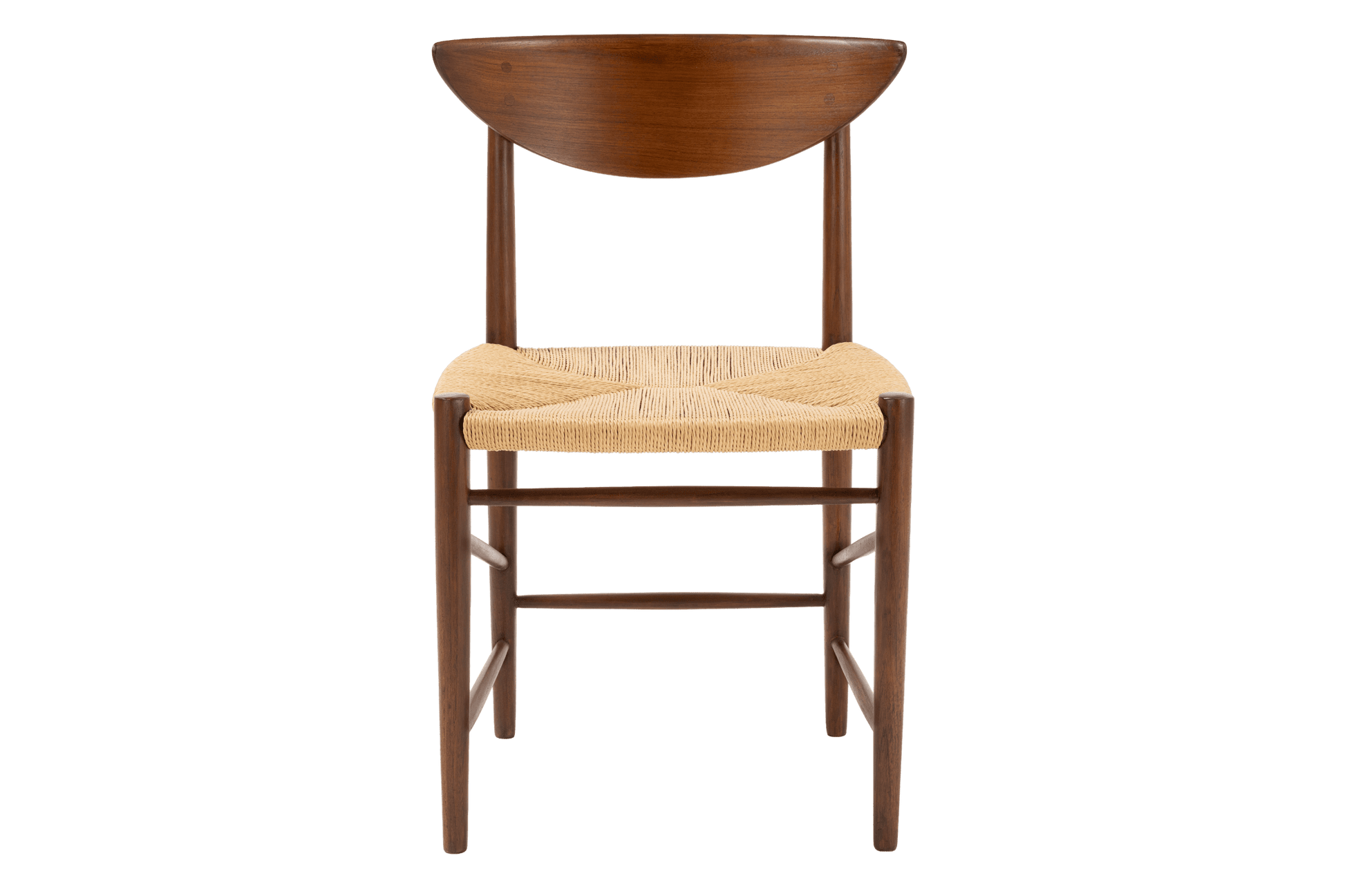 Front-facing view of Hvidt & Molgaard Model 316 chair with sculpted teak backrest and woven natural fiber seat