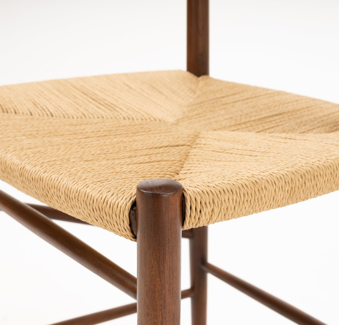 Close-up of woven natural fiber seat and rounded teak wood leg on the Hvidt & Molgaard Model 316 chair pair