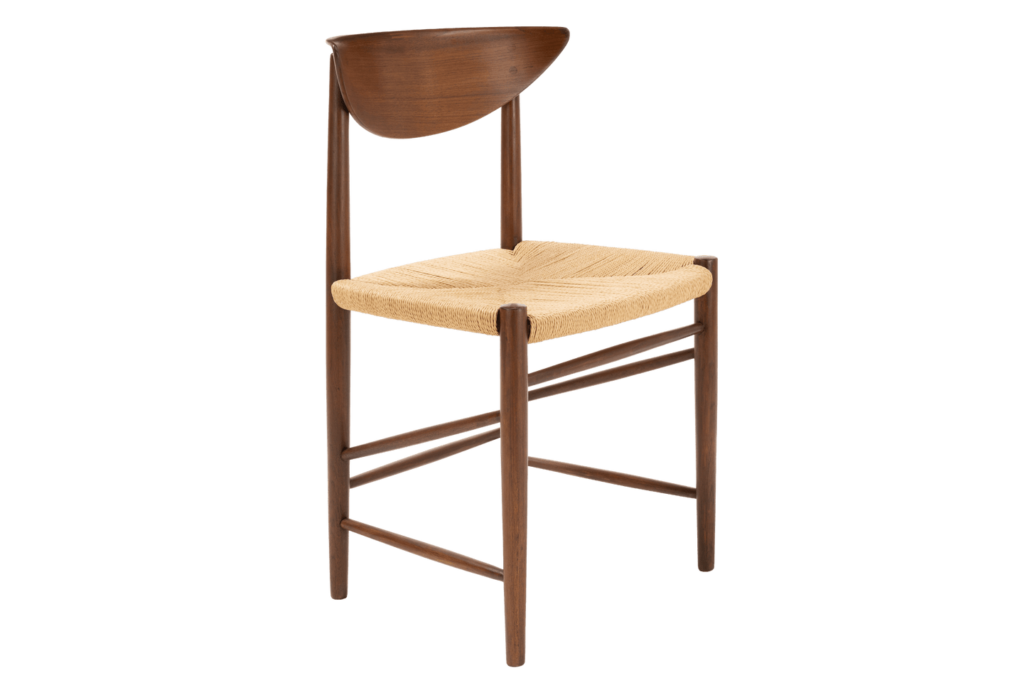 Three-quarter view of Hvidt & Molgaard Model 316 chair with sculpted teak backrest and woven natural fiber seat