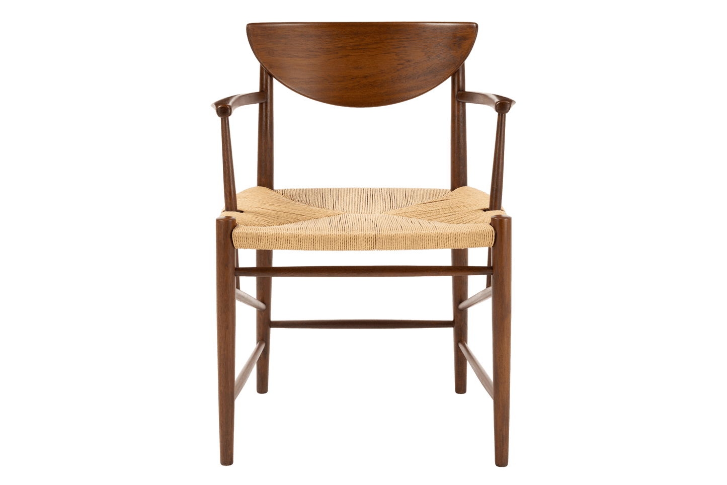 Front view of Hvidt & Molgaard Model 317 chair with curved teak backrest and woven natural fiber seat on solid wood frame