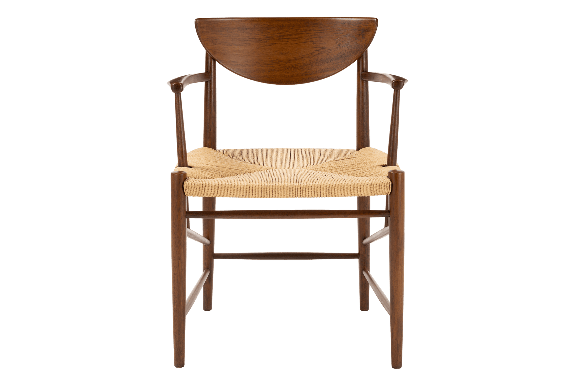 Front view of Hvidt & Molgaard Model 317 chair with curved teak backrest and woven natural fiber seat on solid wood frame