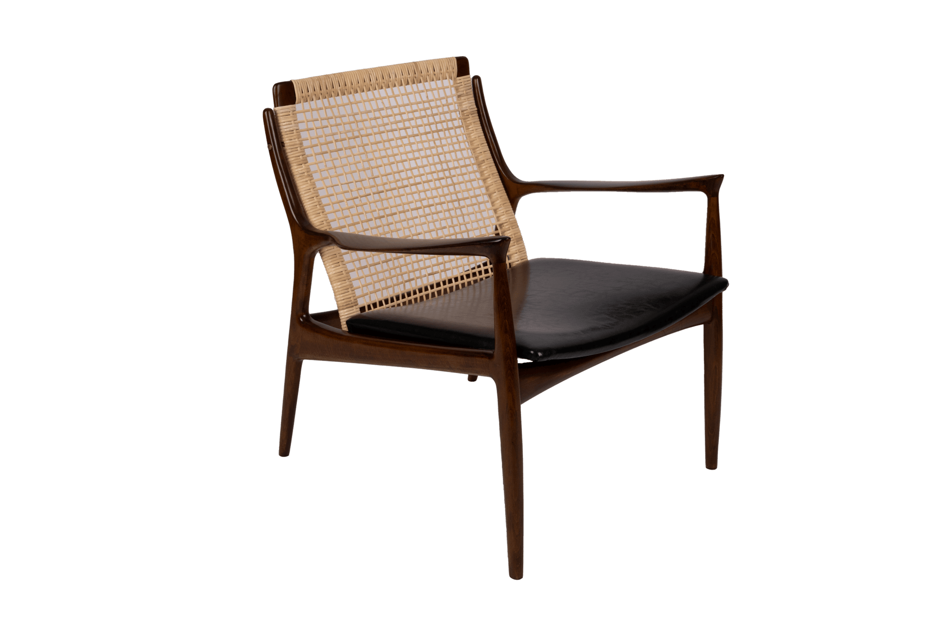 1960s Ib Kofod Larsen cane armchair with caned backrest and solid teak frame, original faux leather seat by Selig Denmark