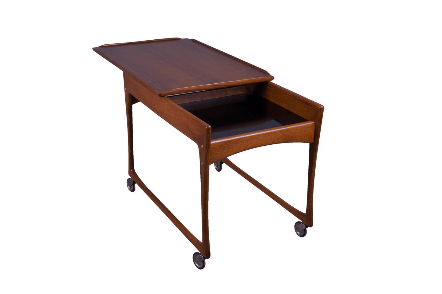 Mid-century modern Ingvar Jensen teak bar cart with sliding top, black laminate storage compartment, and rolling casters.