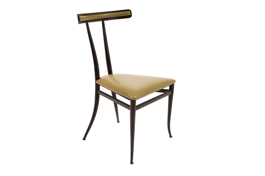 Italian mid-century brass Klismos chair with sculpted frame and chartreuse leather triangular seat.