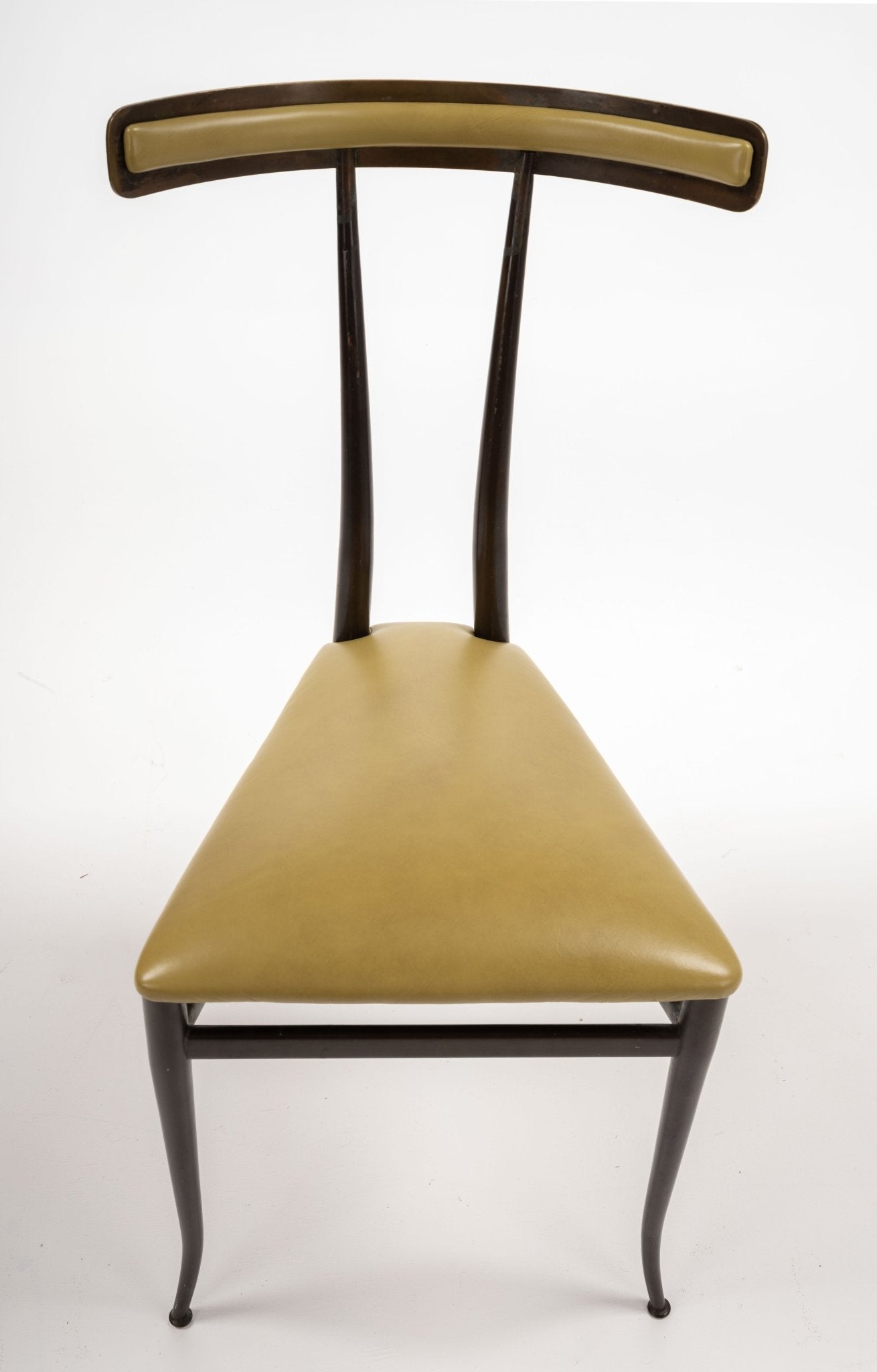 1950s Italian brass Klismos chair with chartreuse leather triangular seat and sculpted curved backrest on slender legs