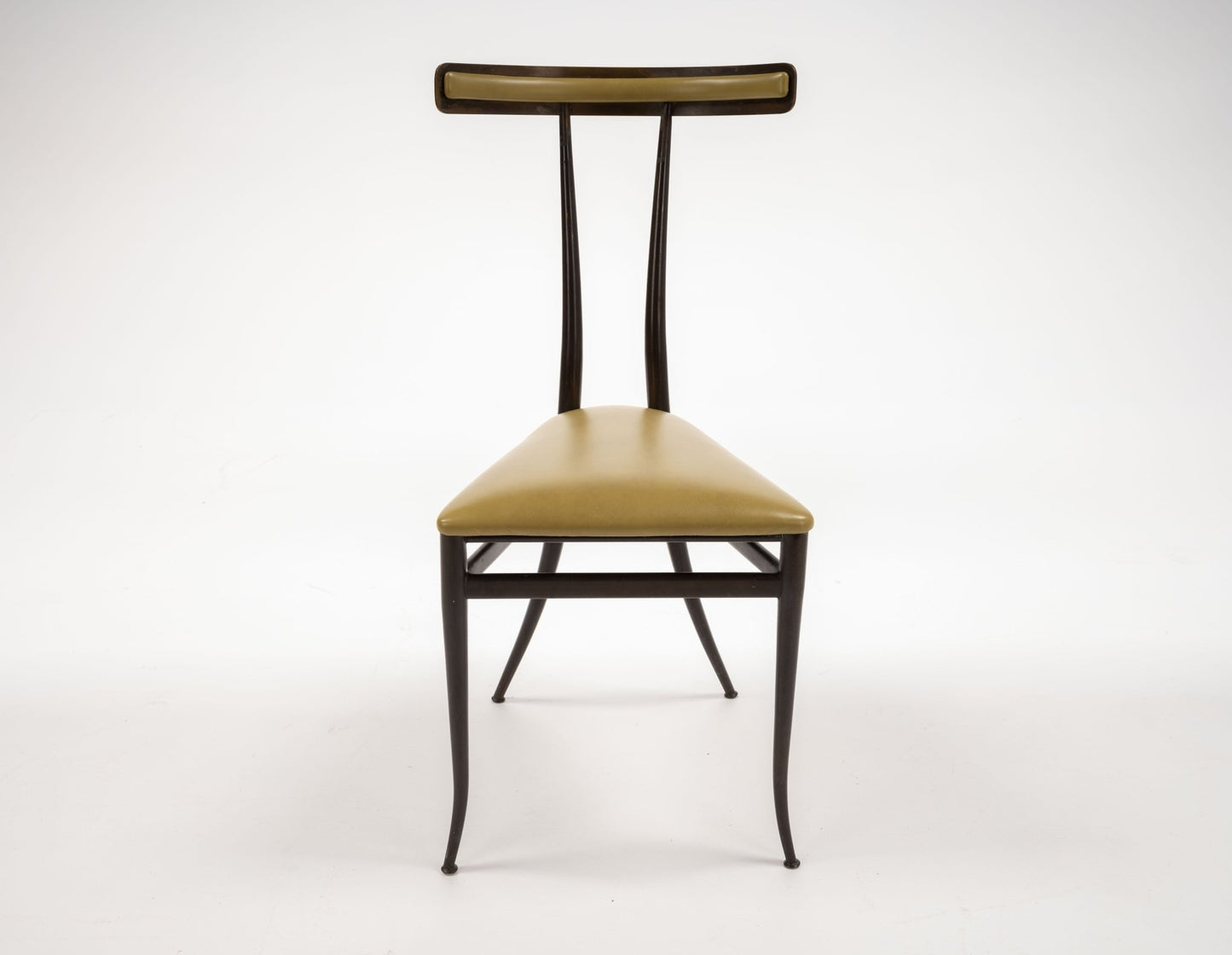 Italian mid-century brass Klismos chair with chartreuse leather triangular seat and sculpted backrest