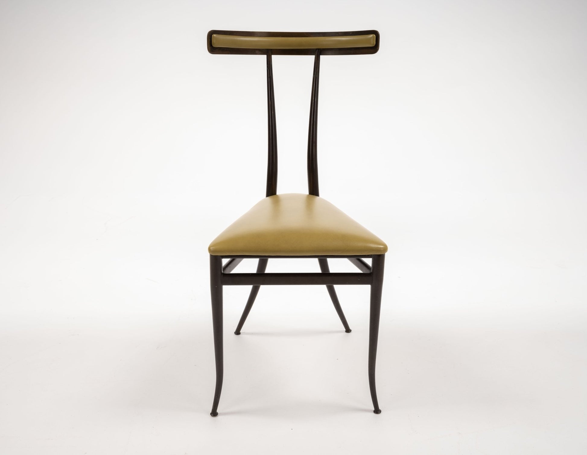 Italian mid-century brass Klismos chair with chartreuse leather triangular seat and sculpted backrest