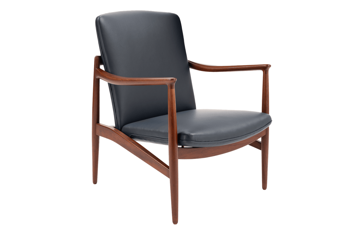 Jacob Kjaer Adjustable Lounge Chair with black leather upholstery curved wood arms and tapered legs in mid century modern furniture style