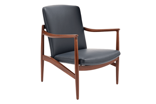 Jacob Kjaer Adjustable Lounge Chair with black leather upholstery curved wood arms and tapered legs in mid century modern furniture style