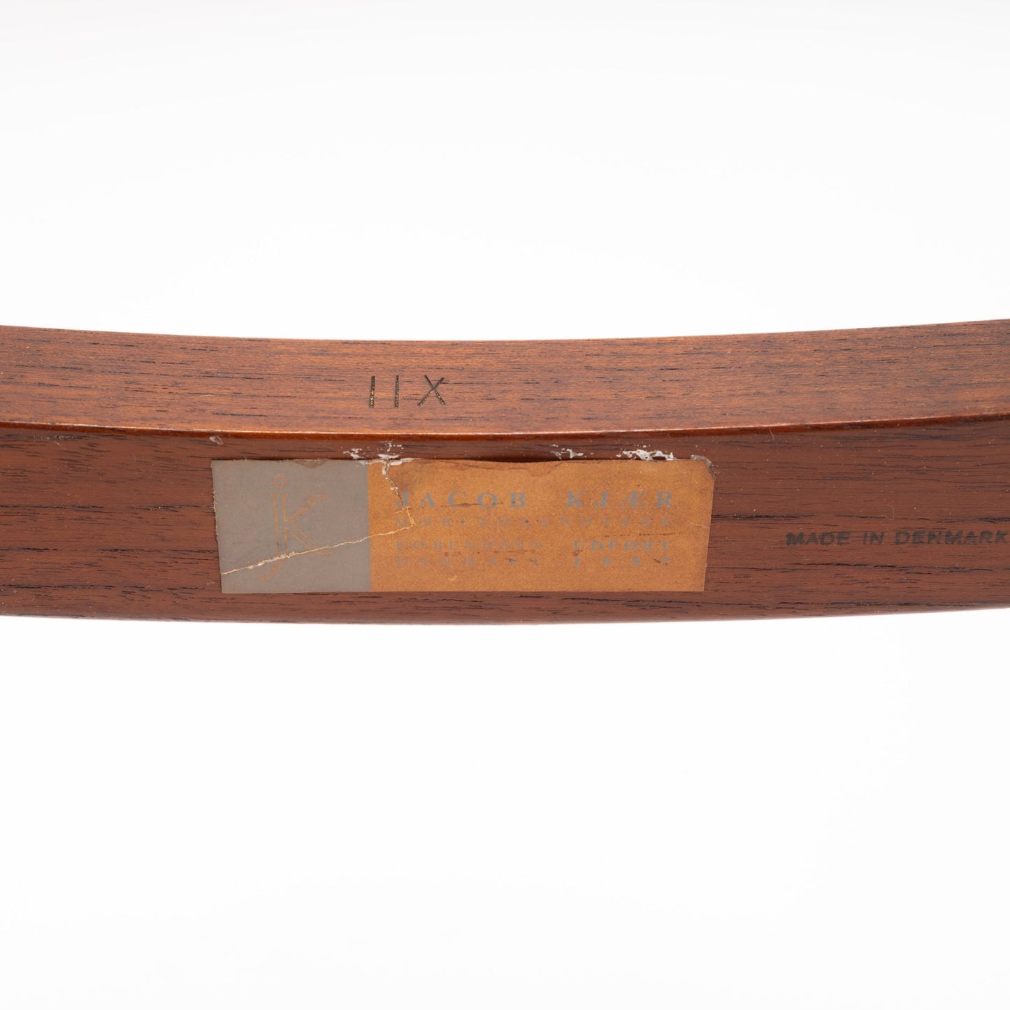 Jacob Kjaer Adjustable Lounge Chair close detail of rosewood frame with original maker label and Made in Denmark marking in vintage Danish furniture style