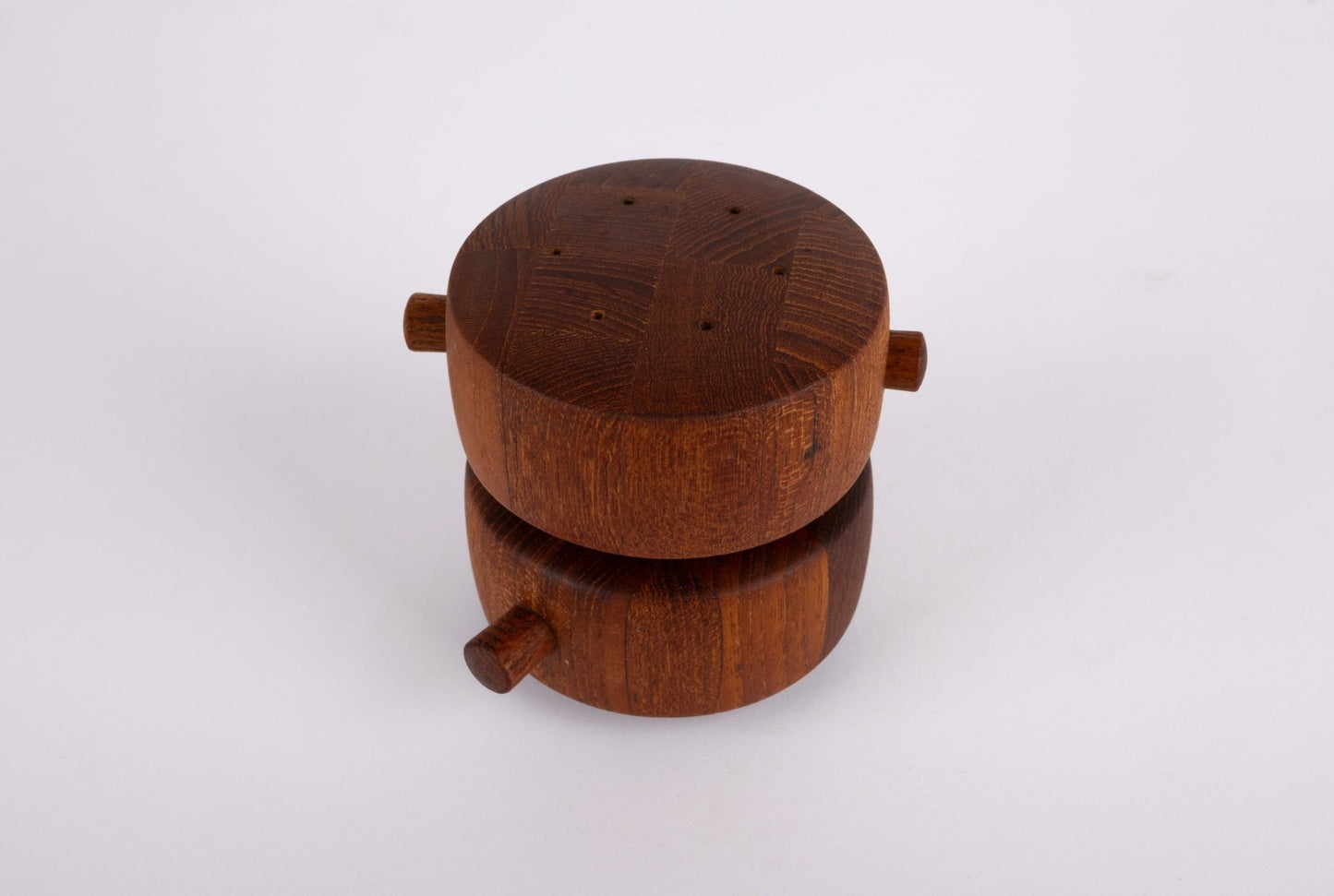 Jens Quistgaard 1964 Danish salt shaker and pepper grinder set made from end grain teak with metal Peugeot mechanism