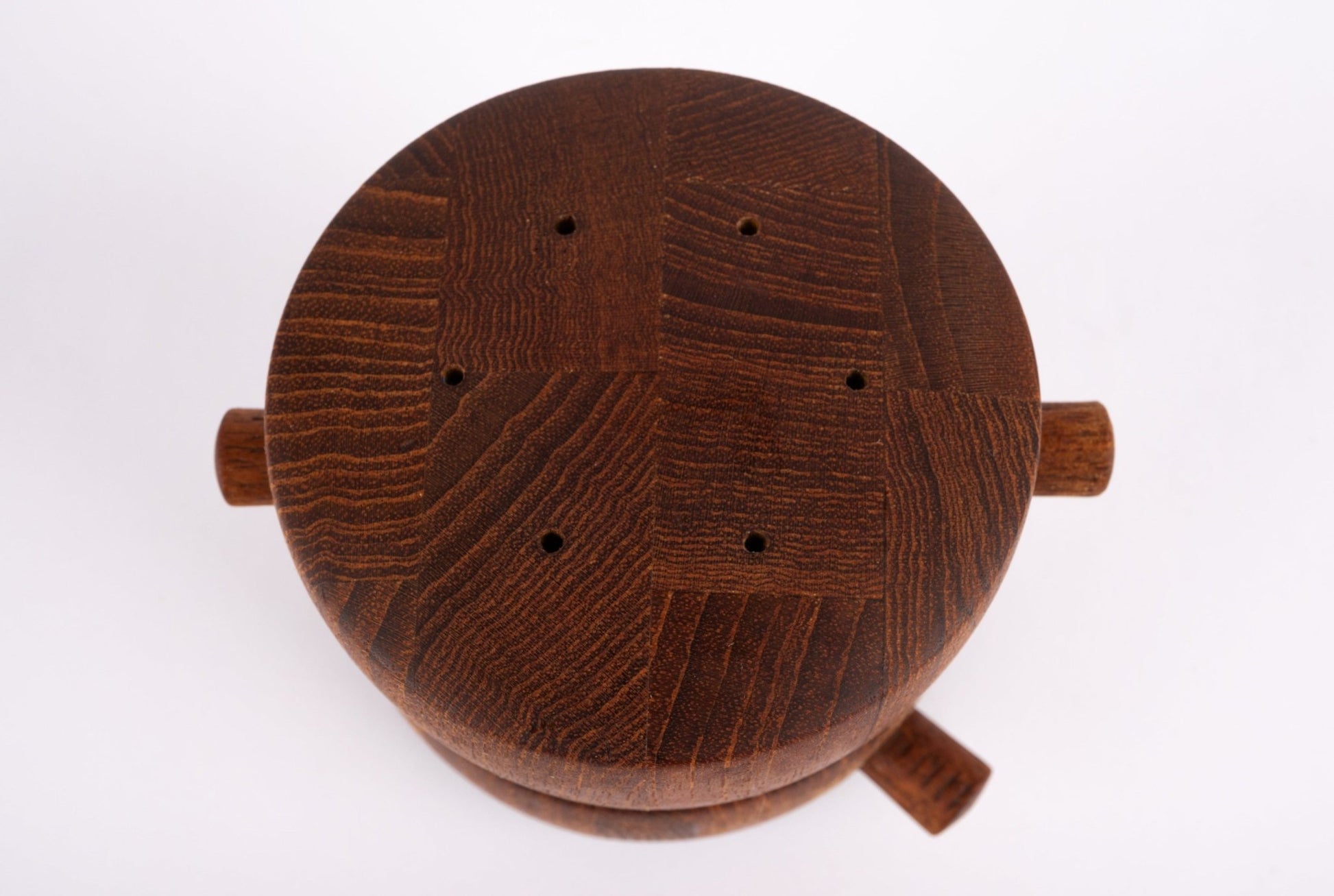Top view of rare 1964 Jens Quistgaard Danish salt shaker with sculptural end grain teak design