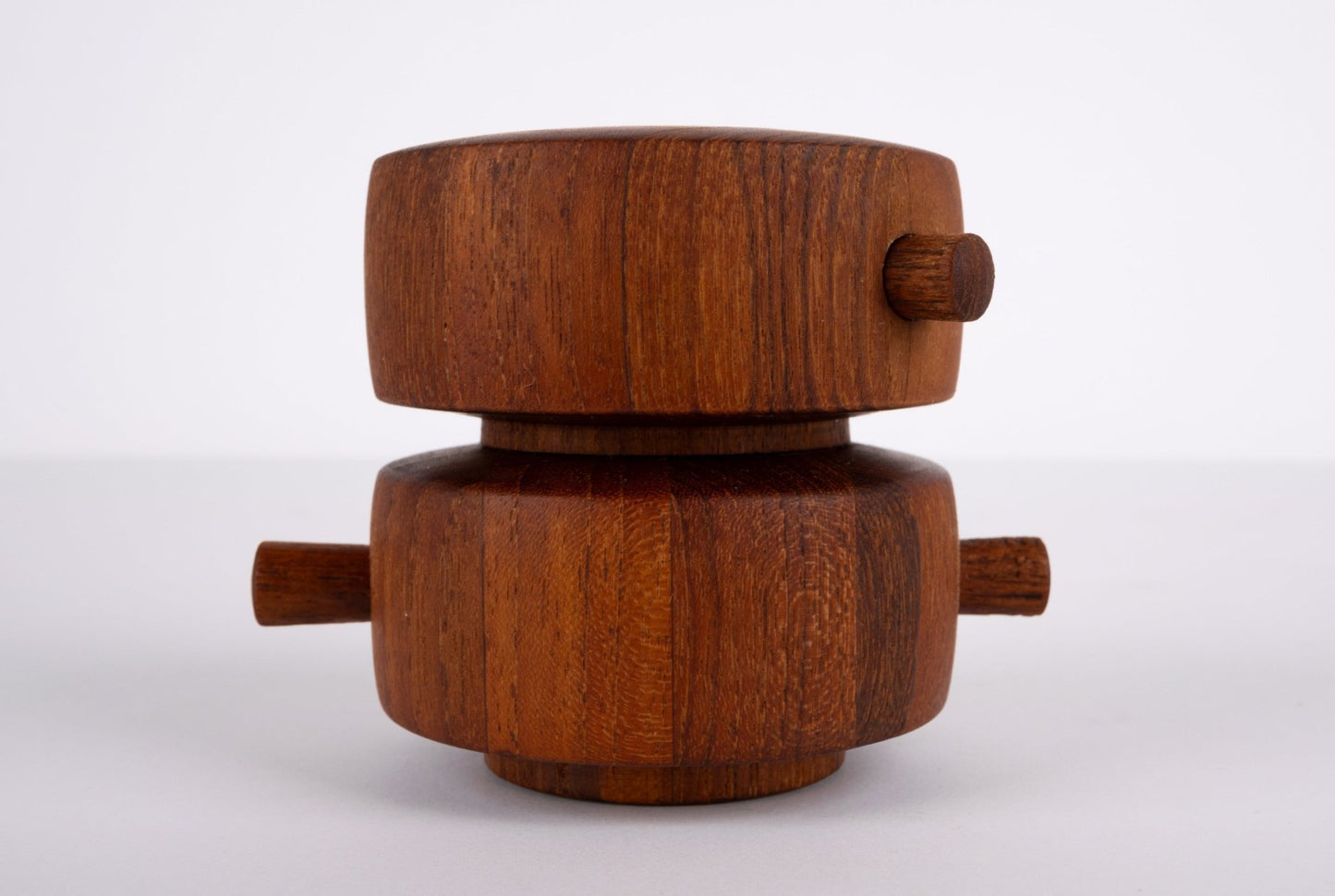 Rare 1964 Jens Quistgaard Danish salt shaker and pepper grinder in end grain teak with metal Peugeot mechanism
