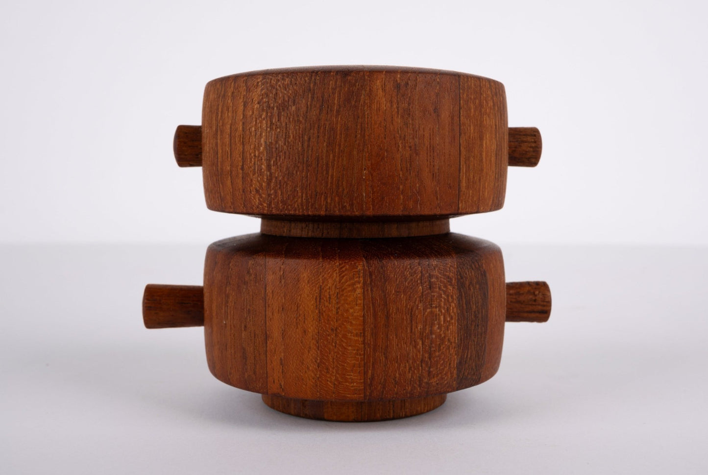 Rare 1964 Jens Quistgaard Danish salt shaker and pepper grinder set with end grain teak and metal Peugeot mechanism.