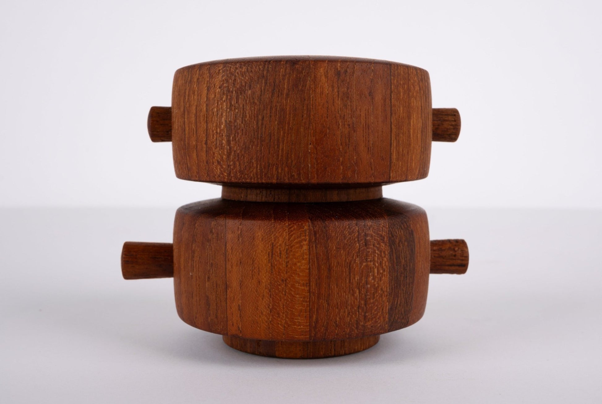 Rare 1964 Jens Quistgaard Danish salt shaker and pepper grinder set with end grain teak and metal Peugeot mechanism.