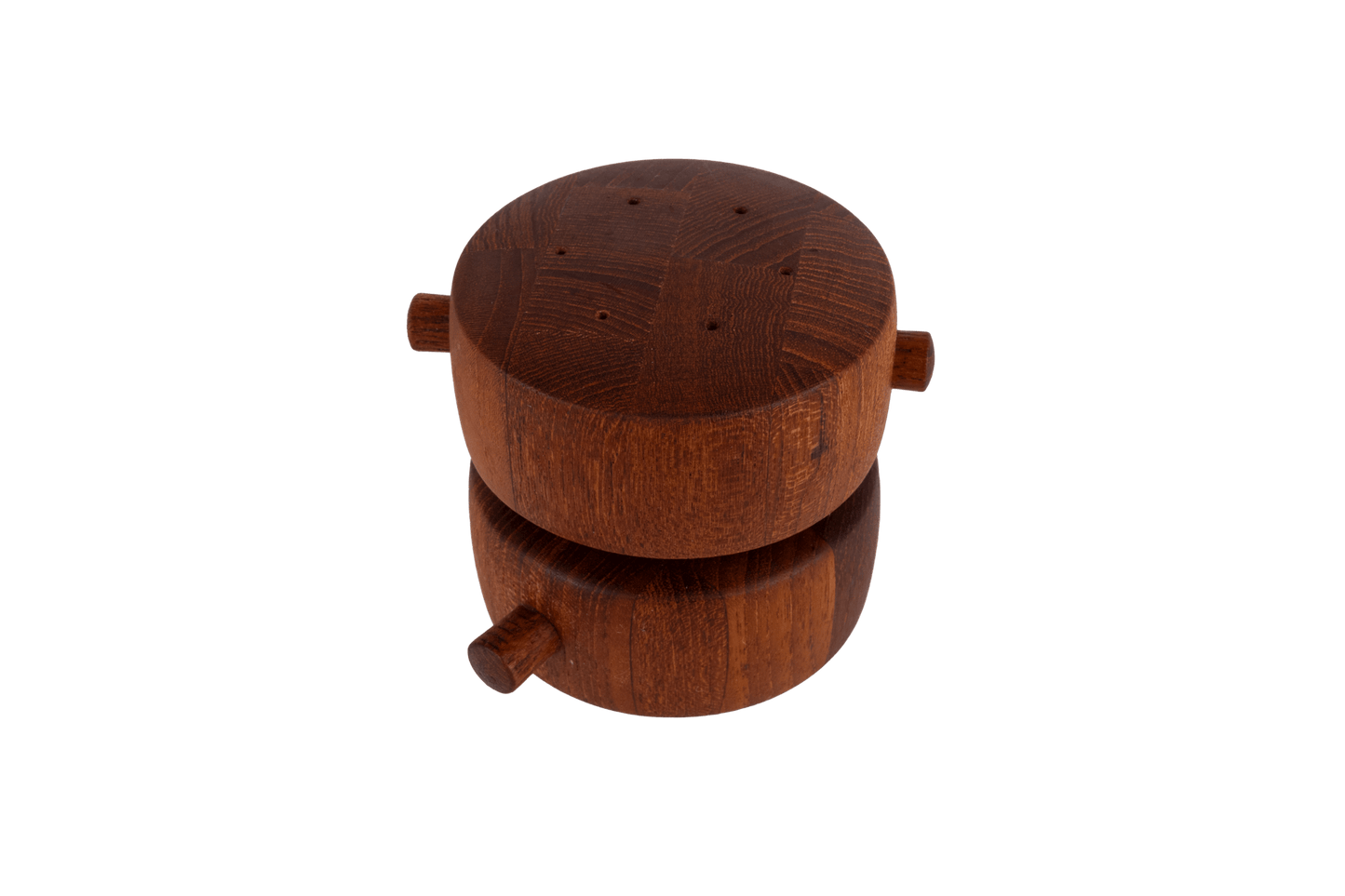 Rare 1964 Jens Quistgaard Danish salt shaker and pepper grinder set with end grain teak and metal Peugeot mechanism