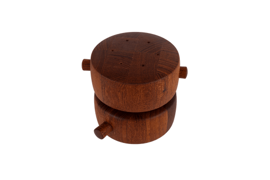Rare 1964 Jens Quistgaard Danish salt shaker and pepper grinder set with end grain teak and metal Peugeot mechanism