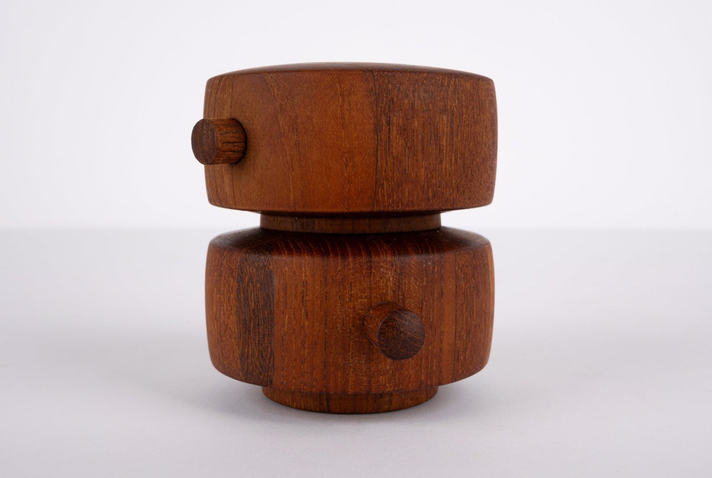 Rare 1964 Jens Quistgaard Danish salt shaker and pepper grinder with end grain teak and metal Peugeot mechanism