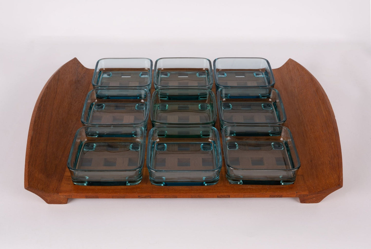 1960s Jens Quistgaard teak lattice serving tray with nine square glass inserts in Danish modern style
