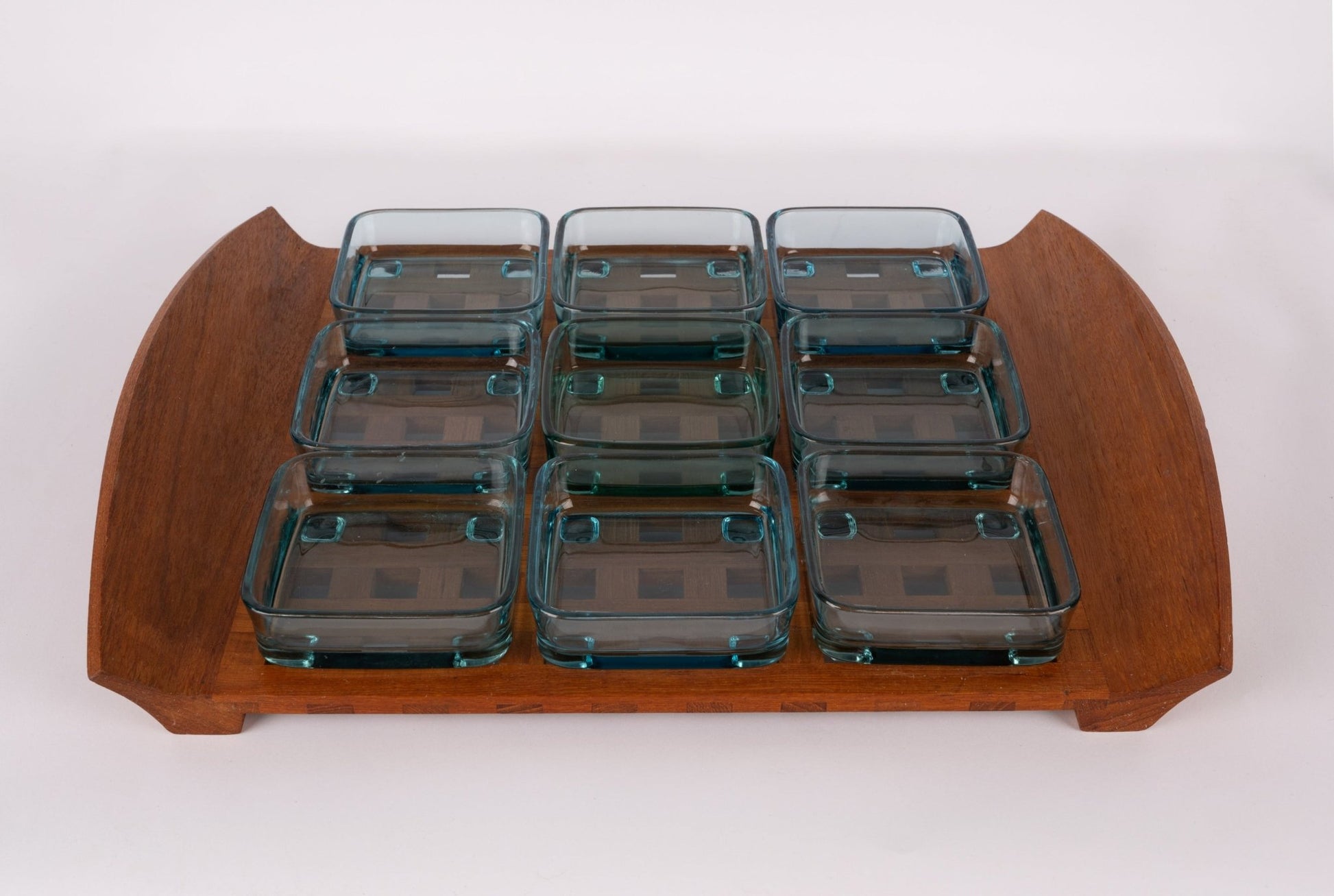 1960s Jens Quistgaard teak lattice serving tray with nine square glass inserts in Danish modern style