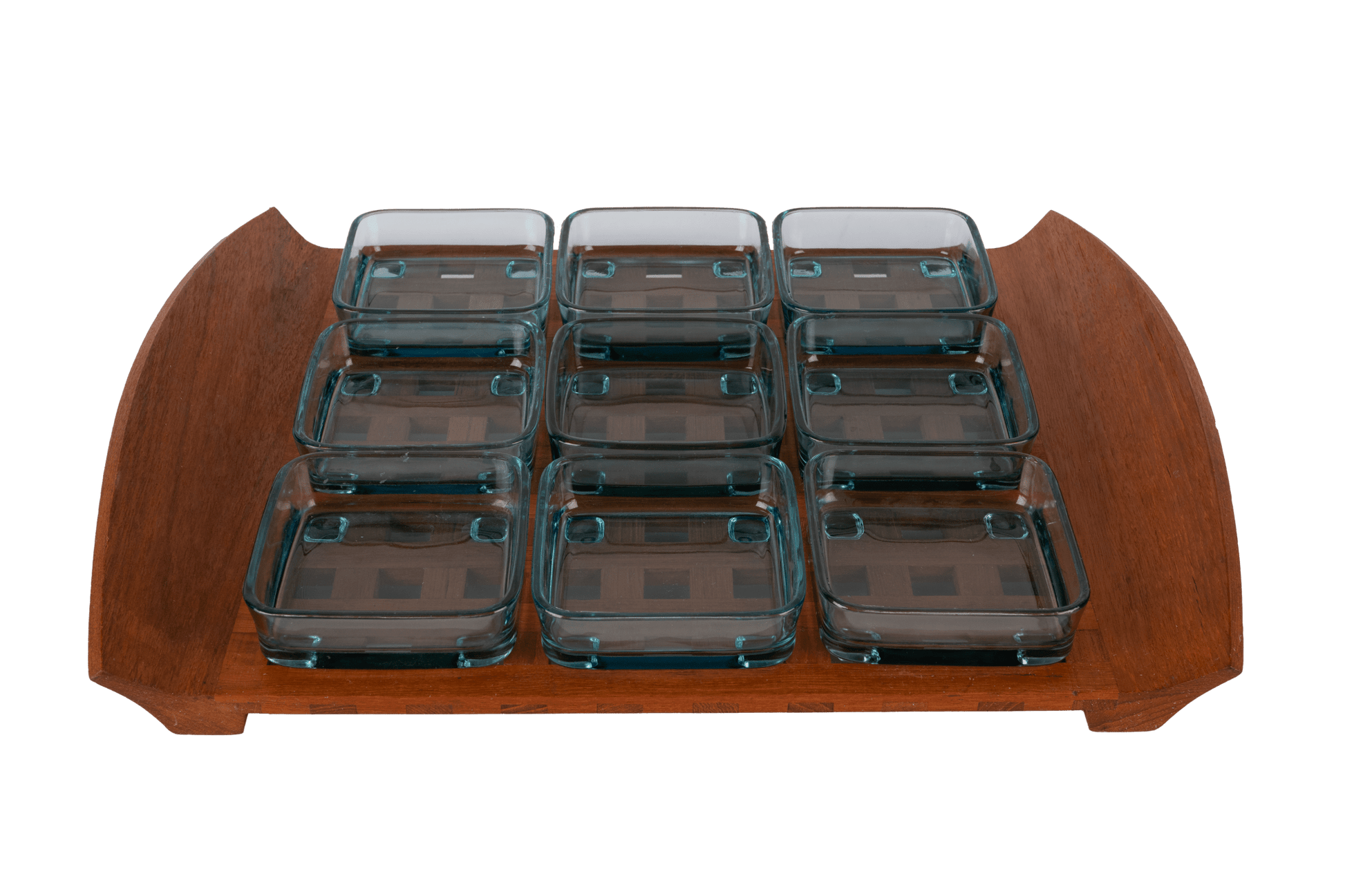 Mid-century modern Jens Quistgaard teak lattice serving tray with nine square glass bowls in a grid pattern.