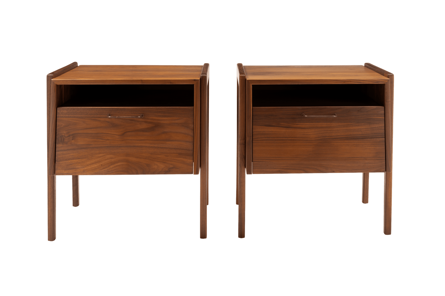 Pair of mid-century modern walnut bedside tables by Jens Risom with open upper compartments and fall-front drawers