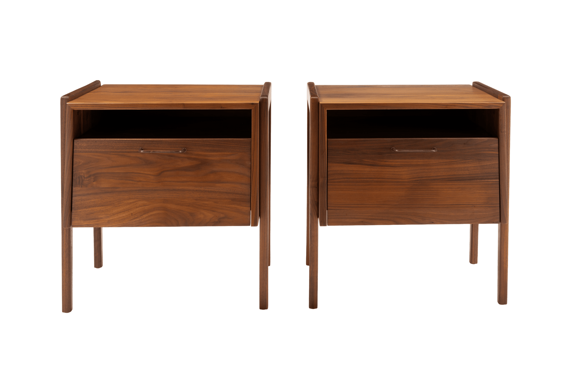 Pair of mid-century modern walnut bedside tables by Jens Risom with open upper compartments and fall-front drawers