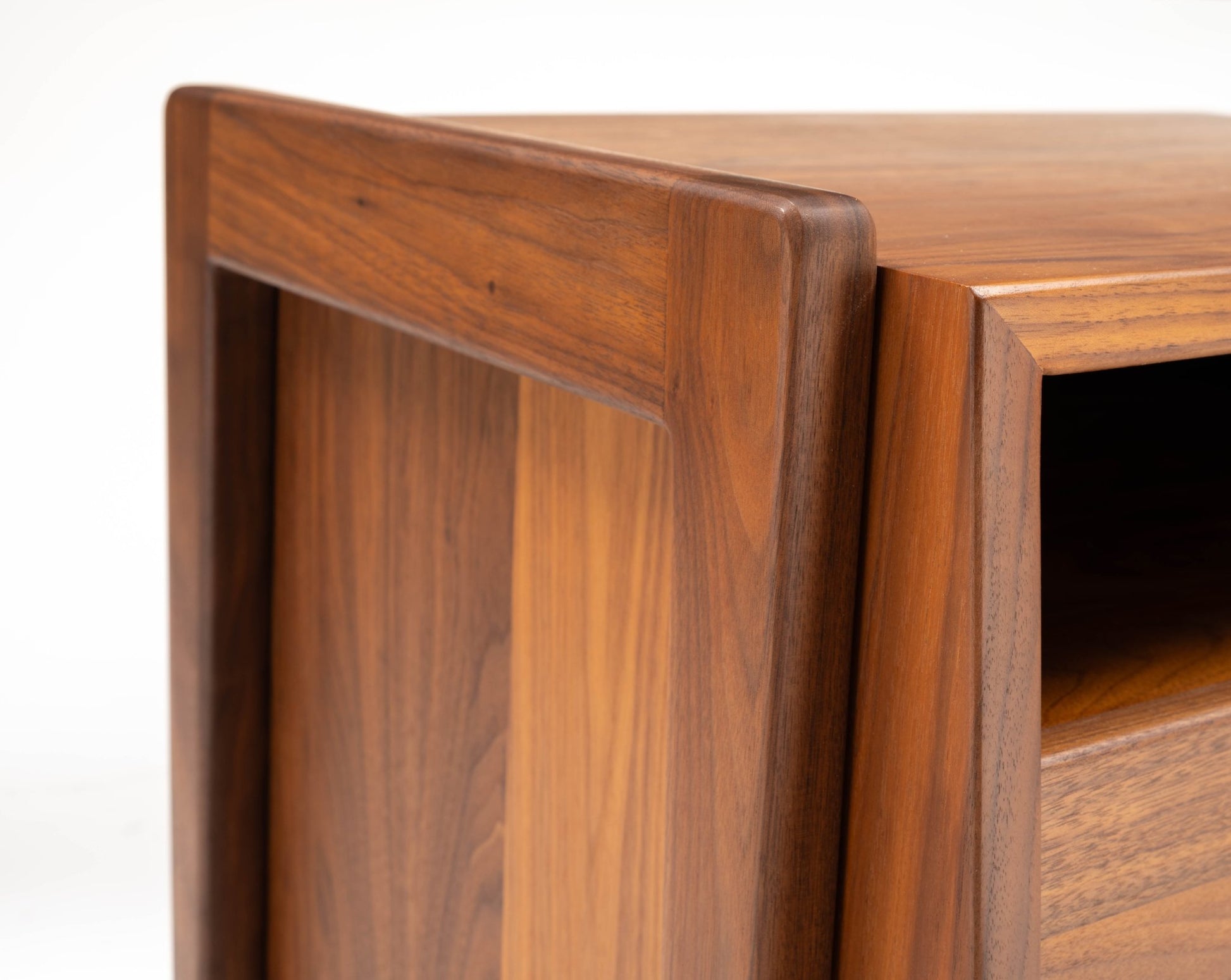 Pair of 1960s Jens Risom walnut bedside tables with open upper compartment and fall-front lower drawer
