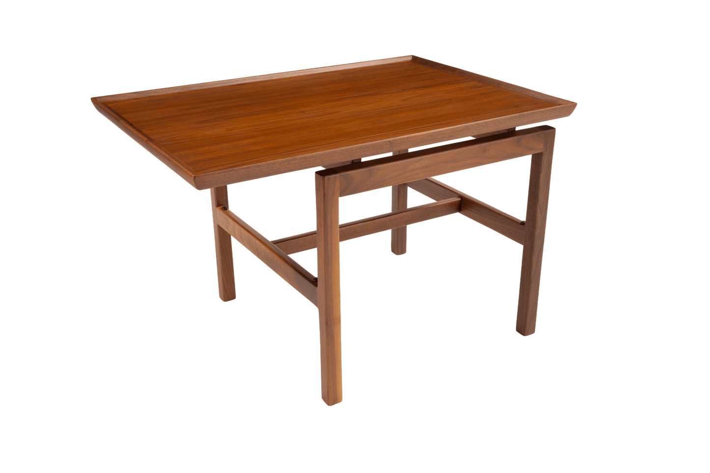 Mid-century modern Jens Risom cantilever side table in rich walnut with rectangular tray top and tapered legs