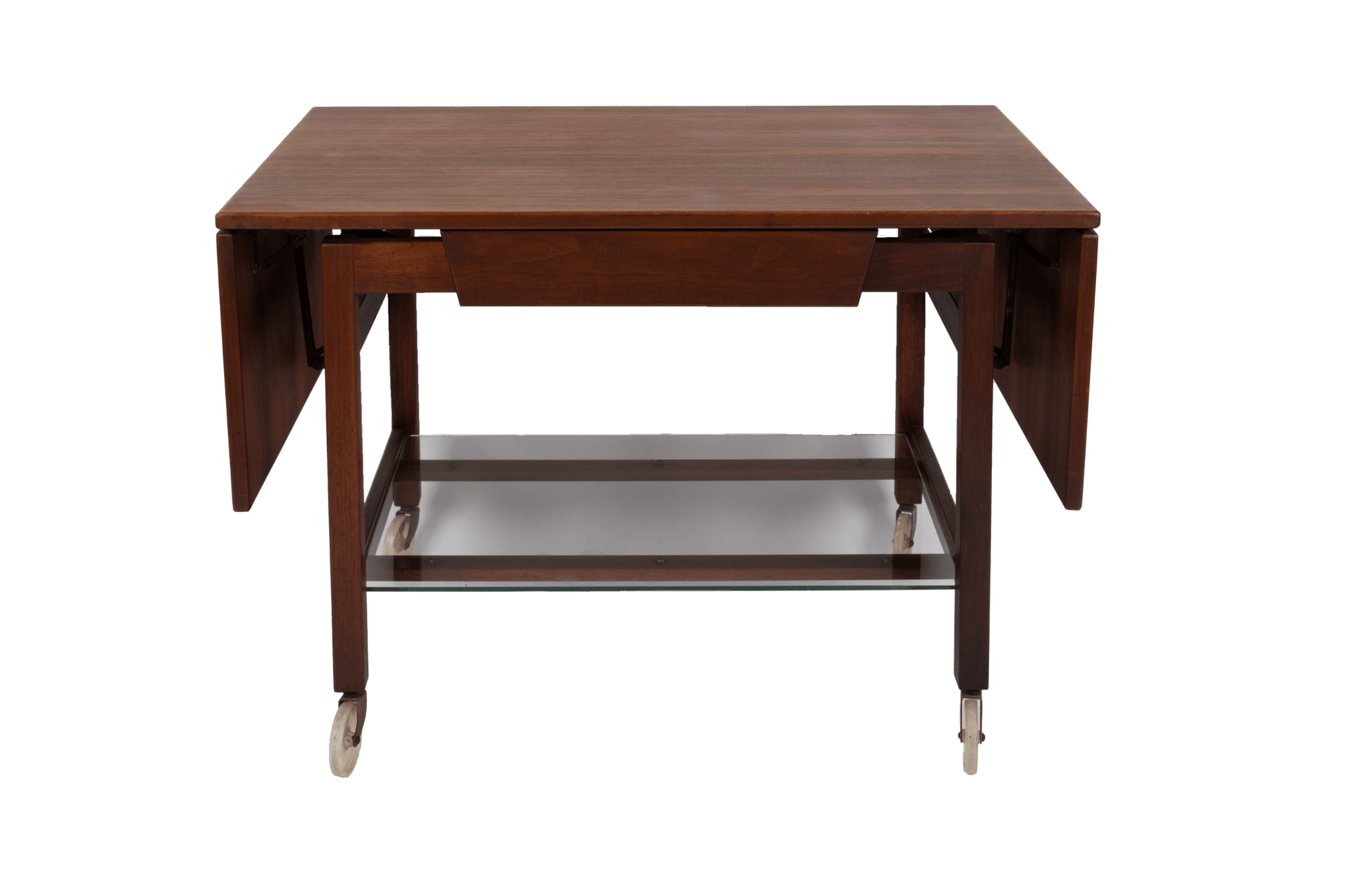 Mid-century modern Jens Risom expandable wooden serving cart with drop leaves and lower glass shelf on casters
