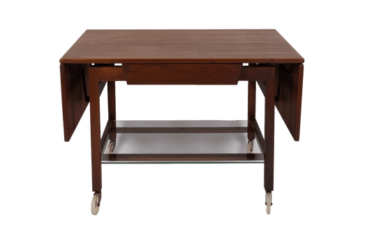 Mid-century modern Jens Risom expandable wooden serving cart with drop leaves and lower glass shelf on casters
